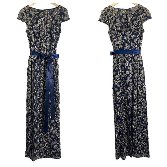 Adrianna Papell Floral Embroidered Column Dress Navy Gold 6 - Picture 1 of 14